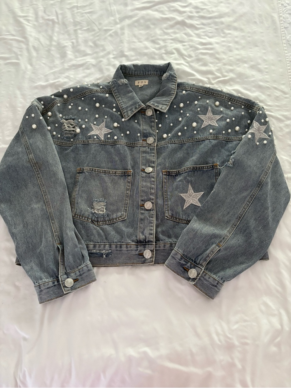 POL Pearl-Embellished Star Denim Jacket